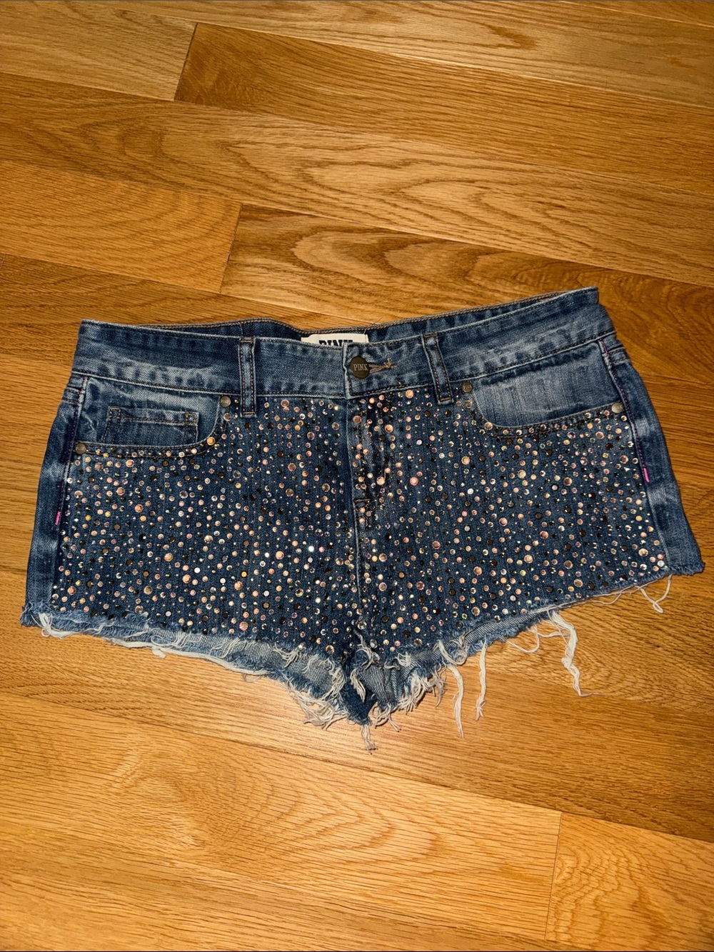 EUC VS PINK Victoria's Secret Dark Blue Rhinestone Denim Shorts size 6